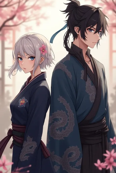 Create a short female character with white skin and short white hair and blue eyes and with a slight hint of shyness on her face wearing a ninja outfit with a Sakura flower and a choker around her neck and her boyfriend a tall fair-skinned man with black h...