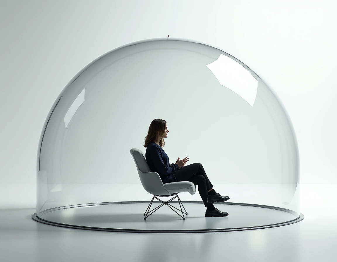  There is an image of a person sitting in a chair and that person is inside a transparent polycarbonate dome that has 1,25 meters high .