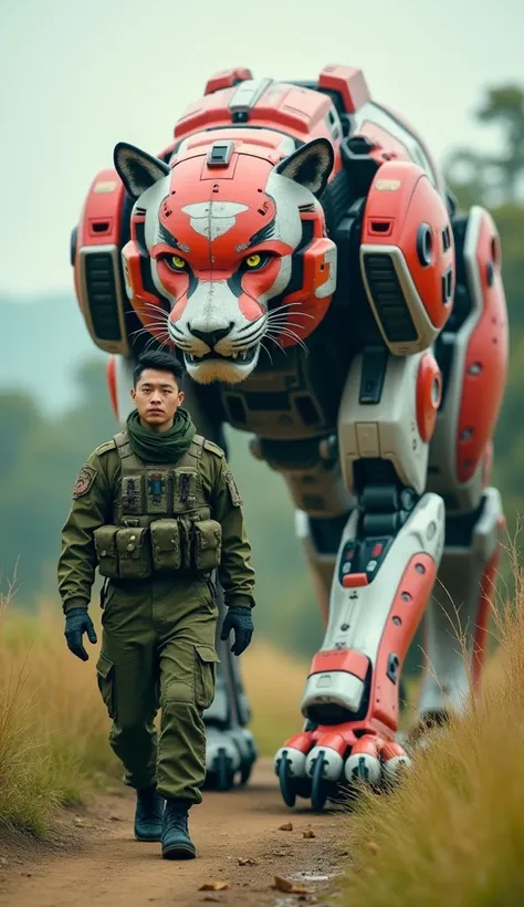 realistic photo of an Asian man walking with a large and complicated mechanical robot, a tiger-shaped robot. The robot is red and white with complicated mechanical parts, giving a sophisticated and futuristic impression, the background is rural. The person...