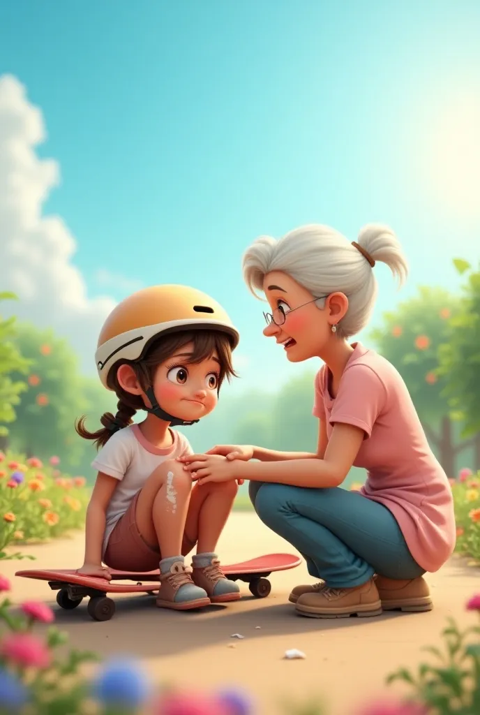 Cartoon style 3d, a  girl, wearing casual clothes, she is on the floor crying and her knees are scraped and red, next to her is a skateboard, next to the girl is a 70 year old grandmother dressed in casual clothes, she is on her knees supporting the girl ,...