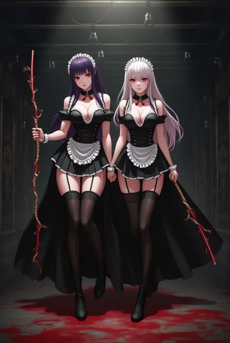  a dark, bloody medieval European-style basement 、BDSM、 Restraints for hanging something from the ceiling 、Decorate the wall with normal sized handcuffs and whips 、Evil female executive、SM Queen、 is a twin tail hairstyle、 Shortcut 、Long Hair Randomly 、Red ...