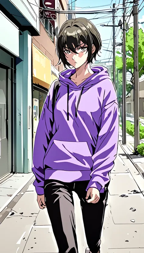 a filthy girl , with short hair it's black,  dressed in a purple sweatshirt  , rebellious style,  walking down the sidewalk .