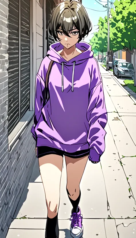 a filthy girl , with short hair it's black,  dressed in a purple sweatshirt  , rebellious style,  walking down the sidewalk .