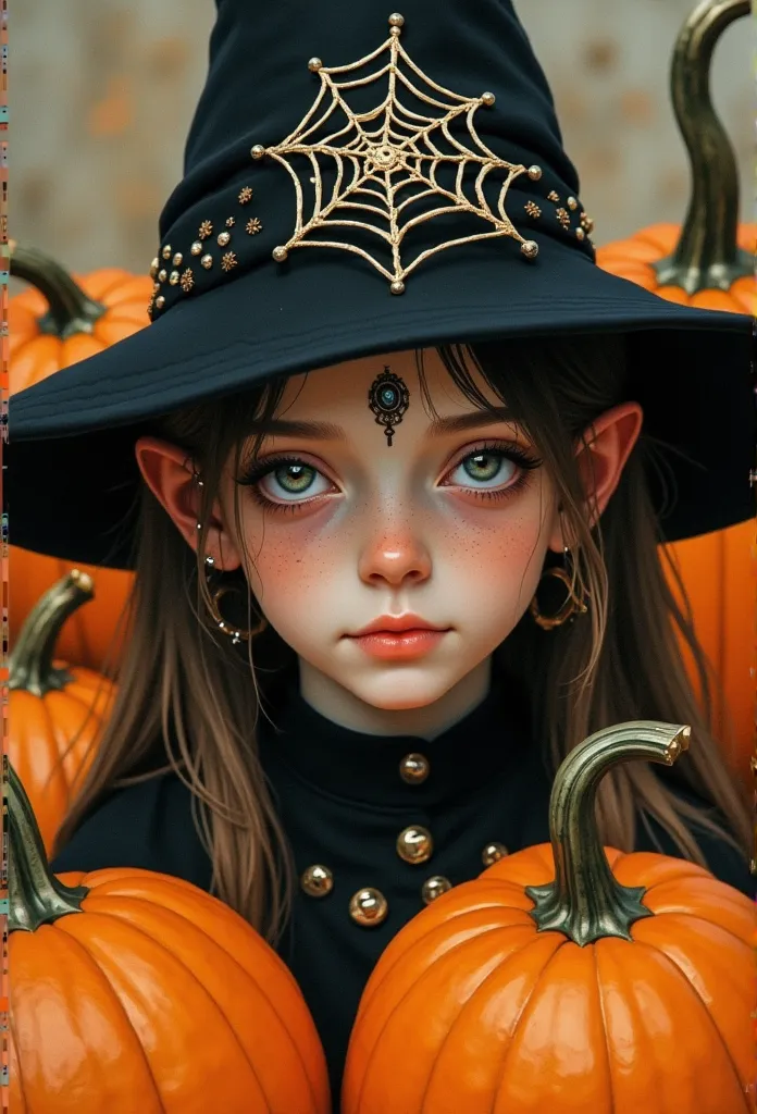 a close up of a child in a witch costume surrounded by pumpkins, a picture by andreas rocha, trending on cgsociety, fantasy art,...