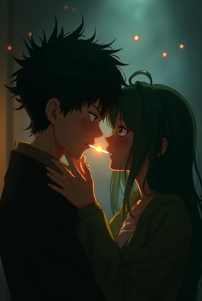 "Midoriya Izuku and Tsuyu Asui smoking cigarettes in a dark room, Tsuyu Asui kissing Midoriya Izuku, 8k)), BREAK (Tsyu Asuis long green hair), BREAK (Midoriya Izukus short green hair), (((smoke))) , like Midoriya Izuku, freckles, 🔞, by Tsuyu Asui long eyel...