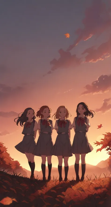 autumn sunset and female middle school students in uniform