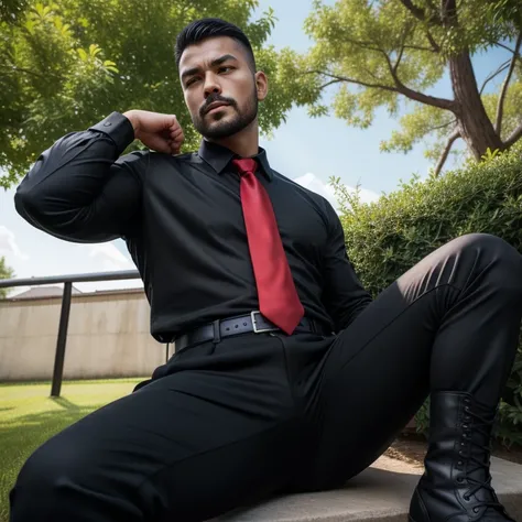 30years old,One Man,、 black shirt、Red tie、 black slim pants、 black gloves、Black boots、Combatant、With a pistol on his hip、garden、　 Sit with your legs open。short hair 、更にshort hair 、 undercut、Stubble　Muscular　Asian Face　 black shirt　View from below　Upper bod...