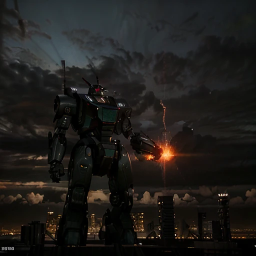 sky, cloud, holding_weapon, no_humans, glowing, , robot, building, glowing_eyes, mecha, science_fiction, city, realistic,mecha