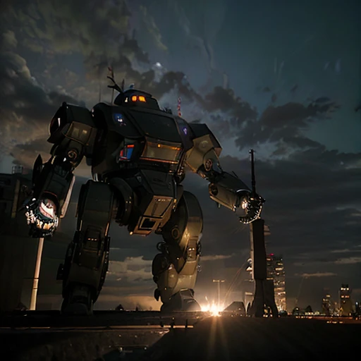 sky, cloud, holding_weapon, no_humans, glowing, , robot, building, glowing_eyes, mecha, science_fiction, city, realistic,mecha