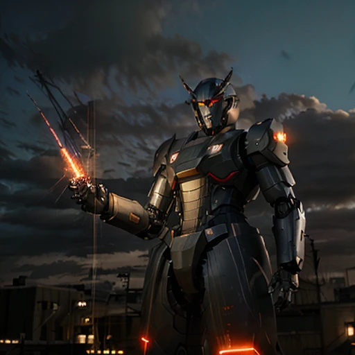 sky, cloud, holding_weapon, no_humans, glowing, , robot, building, glowing_eyes, mecha, science_fiction, city, realistic,mecha