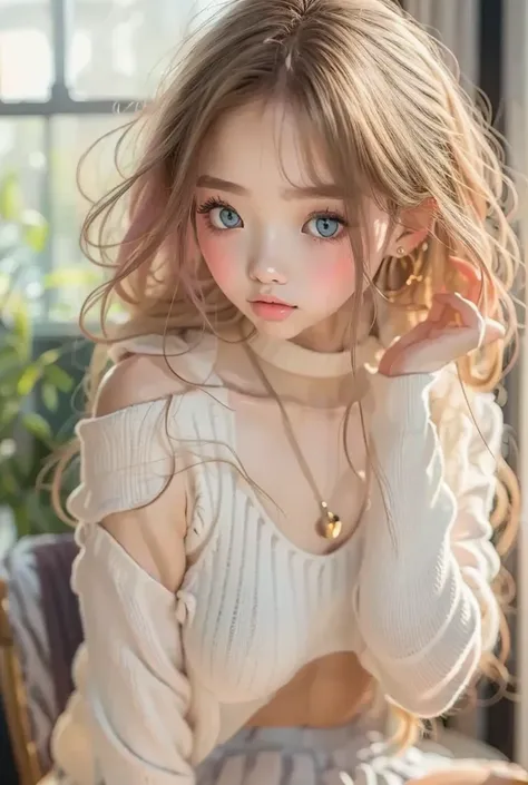 (  Details) ,  HYPER DETAIL , Realistic Portrait ,  perfect face.Teenage Girl, Front View, clear double eyelids, blue eyes and long eyelashes, Realistic Face,  Details skin,Kiss on the cheek、 Pink medium long hair , Forehead bangs  , off-the-shoulder sweat...