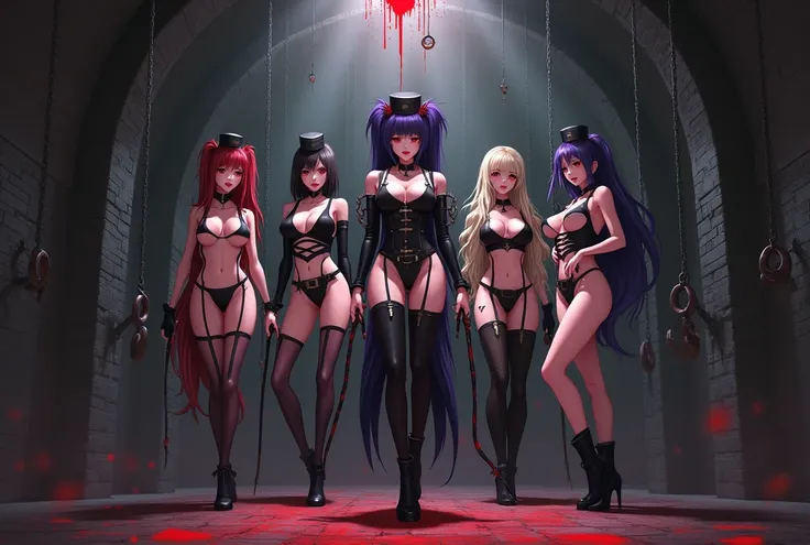  a dark, bloody medieval European-style basement 、BDSM、 Restraints for hanging something from the ceiling 、Decorate the wall with normal sized handcuffs and whips 、Evil female executive、SM Queen、 is a twin tail hairstyle、 shortcut、Long Hair Randomly 、Red e...