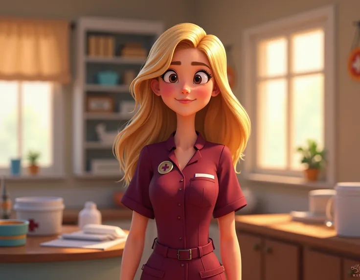 Pixar-style blonde midwife 20 years old burgundy uniform, head on
