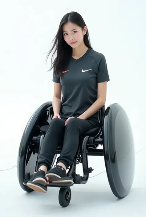 live-action、Real、Beautiful Japanese woman riding an infinity track wheelchair with a futuristic design、A joystick that looks like a fighter plane 、Nike jersey、 white background