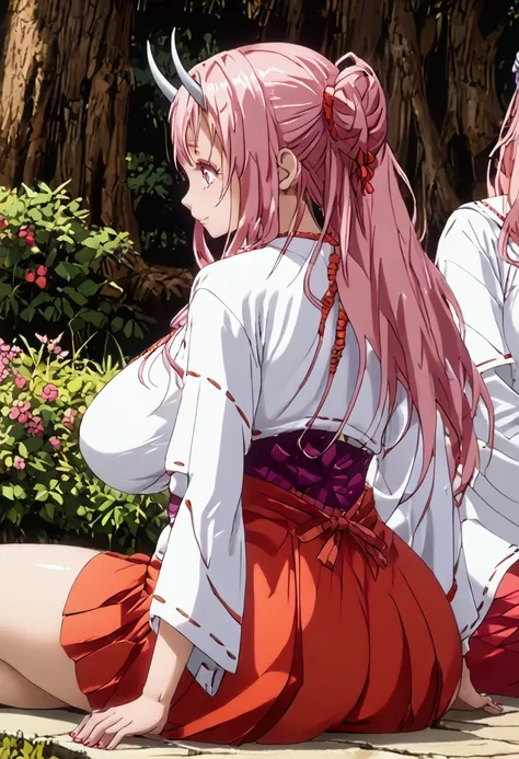 (((((shuna)))))、(pink hair)、((( long hair)))、(((white shrine maiden outfit)))、(((red hakama)))、(((two white horns on the forehea...