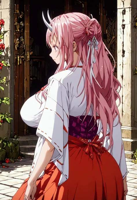 (((((shuna)))))、(pink hair)、((( long hair)))、(((white shrine maiden outfit)))、(((red hakama)))、(((two white horns on the forehea...