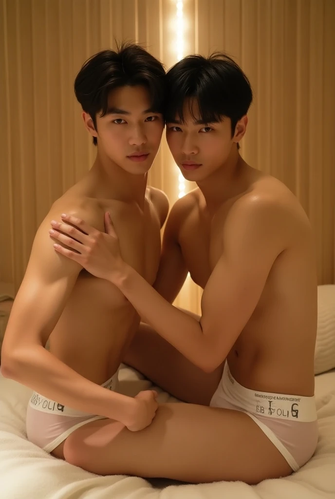 Two beautiful Japanese men、In the sauna、23歳のMuscularなイケメンと18歳のslimな美男子、Erotic atmosphere、 Johnnys handsome、 They are wearing only Calvin Klein briefs 、 slender and toned body in the world 、Brightly lit room、 on the bed、、Japanese male college student、 Japan...