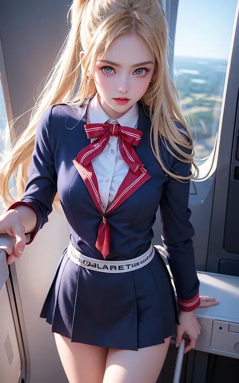 top-quality, ​masterpiece, 8k,  ultra high resolution , ( photorealistic:1.4),  one girl、Beautiful Face、Symmetrical eyes、Perfect physique、  stewardess uniform、  viewers、(In-flight:1.2)、View from the front、 Shoulder 、 short skirt 、Long legs(1.3), Medium Bus...