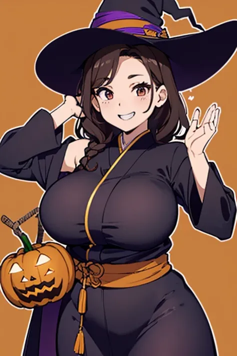  woman、Brown Hair、Rounded outline、Best Quality、 very detailed、Perfect human body、 exact number of fingers、( anime style)、(( Japanese))、((40-year-old woman))、mother、curvy、whole body、((Halloween cosplay))、((witch cosplay ))、wizard robe、((Shooting from below)...