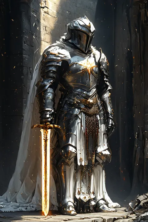 a male full body armor holy knight holy knight armor heavy armor white gold armor character holding a white gold big sword, gold...