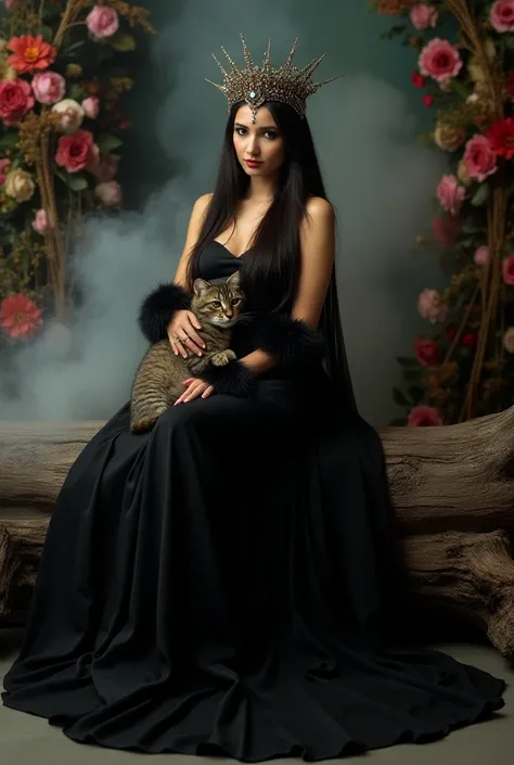 Photoshot beautiful woman wearing a long black color dress and mah city on the head wearing bear fur on the arms is posing sitting on a fallen tree while stroking a cat in a studio full of beautiful floral decorations and white smoke . Moderate pose facing...