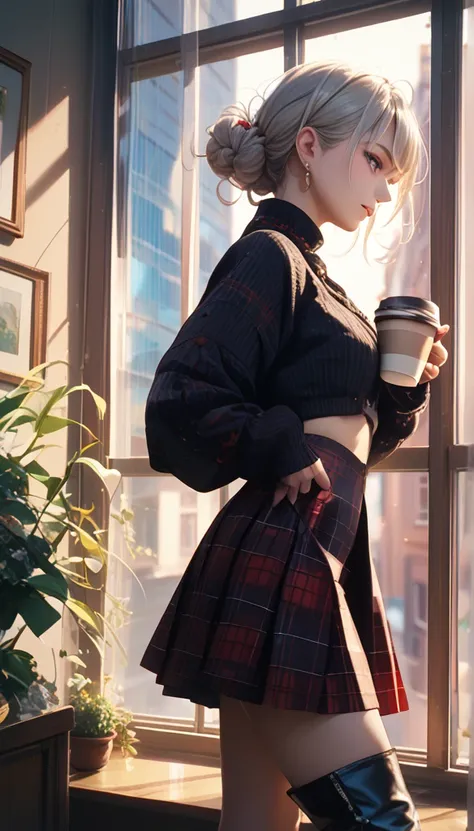 indoor, portrait,  a 25-year-old woman holding a coffee cup ,  black cropped knitted cardigan , arm:1,  dark red narrow skirt wi...