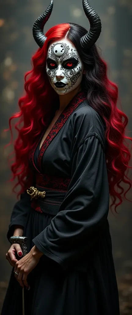 looks to the left, profile, The image shows a mysterious and elegant woman.,  with a long , bright fire hair ,  mask cascading down her back ,  with black curls , that are intertwined with red.  Her face is completely covered with a ,  patterns that are ha...