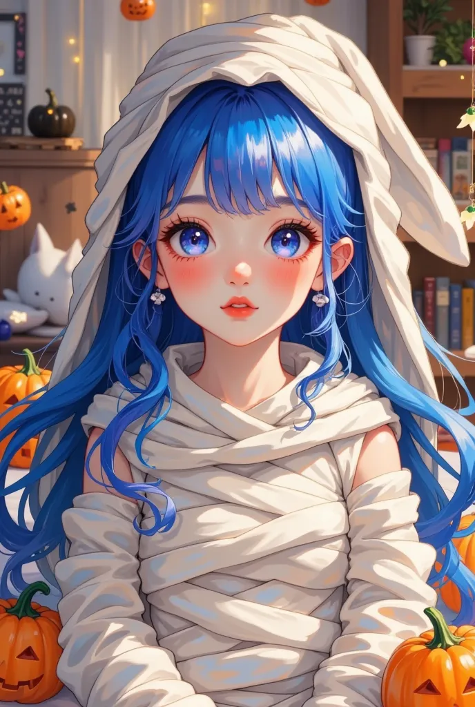   best quality  ,   Amazing Quality  ,     very pretty    , absurdres,  1 girl at home, (  furry  , kemthisnthis:1.3),  mummy, sthislthis,   blue hair  , Blush Stickers, lthisng hair, thispen mthisuth, Umbilical cord, cthisstumeplayer, mummy cthisstume, mt...