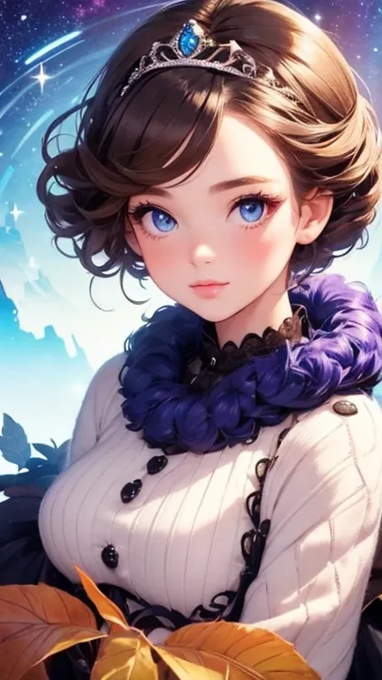 1 girl,Beautifully detailed , light blissful face, kawaii(Hair up style)short hair,Galaxy background,(blue eyes )(looking at viewer)(Big breasts)there is nothing, Best Quality,  girl, young very ，cute , Brunette,  curly hair, evil  girl, dress，Tiara， long ...