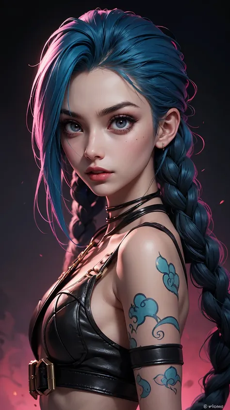 [Core Concept]
A close-up portrait of Jinx, the infamous criminal mastermind from the League of Legends universe.

[Character Description]
Jinx is depicted with her signature electric blue hair, wild and untamed, framing her mischievous face. Her eyes are ...