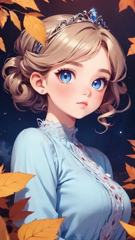 1 girl,Beautifully detailed , light blissful face, kawaii(Hair up style)short hair,Galaxy background,(blue eyes )(looking at viewer)(Big breasts)there is nothing, Best Quality,  girl, young very ，cute , Brunette,  curly hair, evil  girl, dress，Tiara， long ...