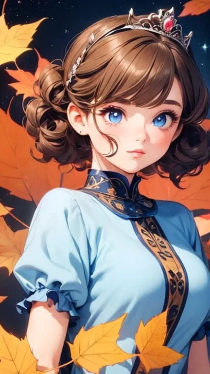 1 girl,Beautifully detailed , light blissful face, kawaii(Hair up style)short hair,Galaxy background,(blue eyes )(looking at viewer)(Big breasts)there is nothing, Best Quality,  girl, young very ，cute , Brunette,  curly hair, evil  girl, dress，Tiara， long ...