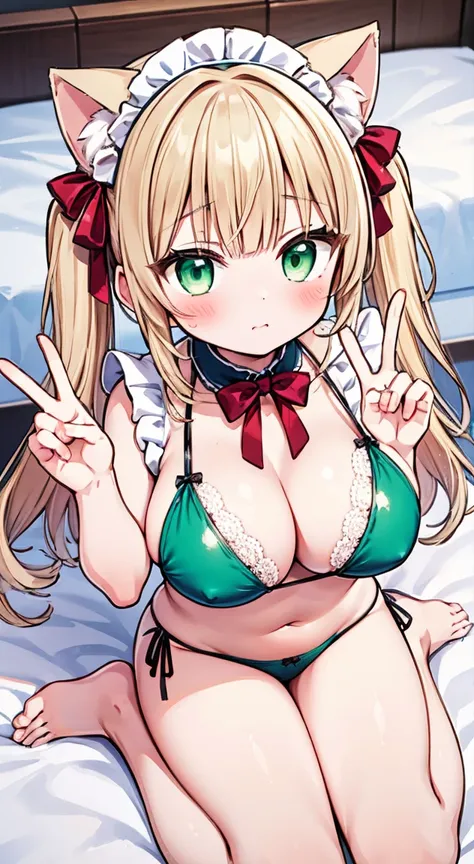 blush, full-face blush,hand peace sign,(light green  maid bikini1.3),selfie,wariza on bed,gold twintailshair,cat ear,Cute eyes,side tie panties,Large Breasts,Perfect hands, perfect fingers,Perfect legs,girl room,focus on cleavage,lace highQuality,cute eyes...