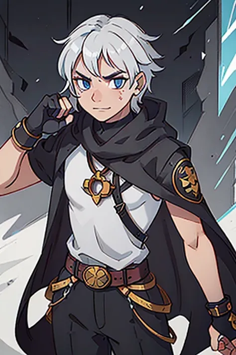 male, young male, teen male, , slim muscular build, white hair, messy hair, dual-colored eyes, deep red right eye, light blue le...