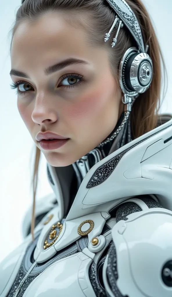 realistic cyborg female face concept in exoskeleton on white background, shot on 35mm objective, 4k style, highest quality.