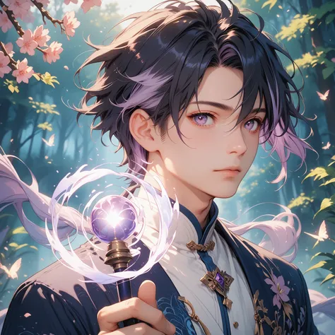 1man, Ethereal violet eyes, ((Long dark hair with soft lavender highlights)), Flowing spirit-inspired robes with floral patterns and subtle armor accents, Holding an ornate, glowing moonlit weapon with spirit energy, Surrounded by delicate blue and pink sp...