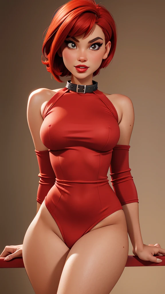 Close-up focus on a slim model, with a tight red top that covers her small breasts, red pixie haircut, red lips, collar, High quality, masterpiece, The best quality, extremely detailed, warm colors, photorealistic