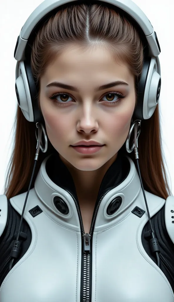 realistic cyborg female face concept in exoskeleton on white background, shot on 35mm objective, 4k style, highest quality.