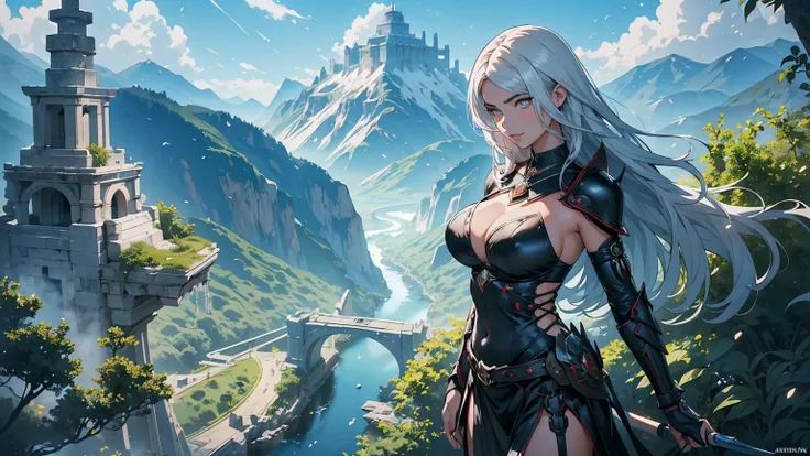 fantasy anime landscape wallpaper: in a high-resolution anime-style scene, ((a beautiful 22-year-old female warrior stands confi...