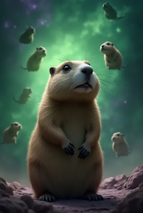 Create a groundhog that has schizophrenia 
And it looks like other groundhogs are talking in your head
With a green and purple space background