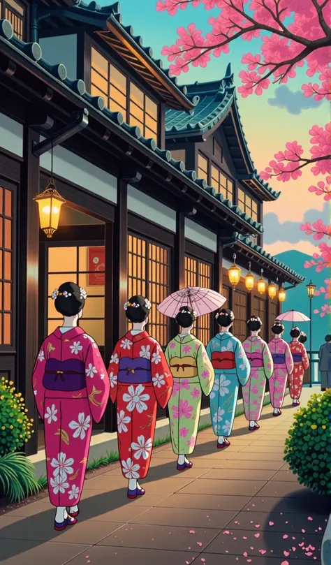 cartoon style :
at dusk,  in front of a charming traditional japanese tea shop ,  the scenery lights up with the magical softnes...