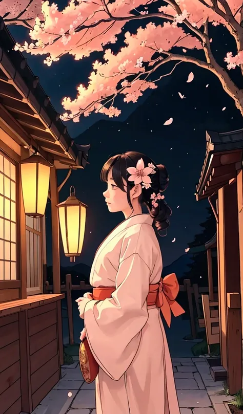 cartoon style :
at dusk,  in front of a charming traditional japanese tea shop ,  the scenery lights up with the magical softnes...