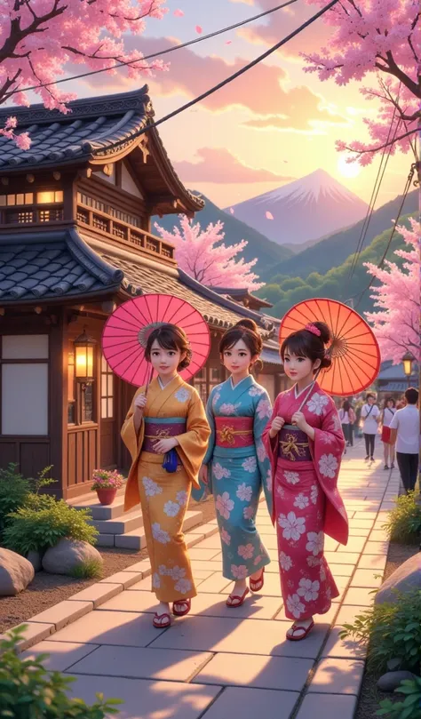 cartoon style :
at dusk,  in front of a charming traditional japanese tea shop ,  the scenery lights up with the magical softnes...