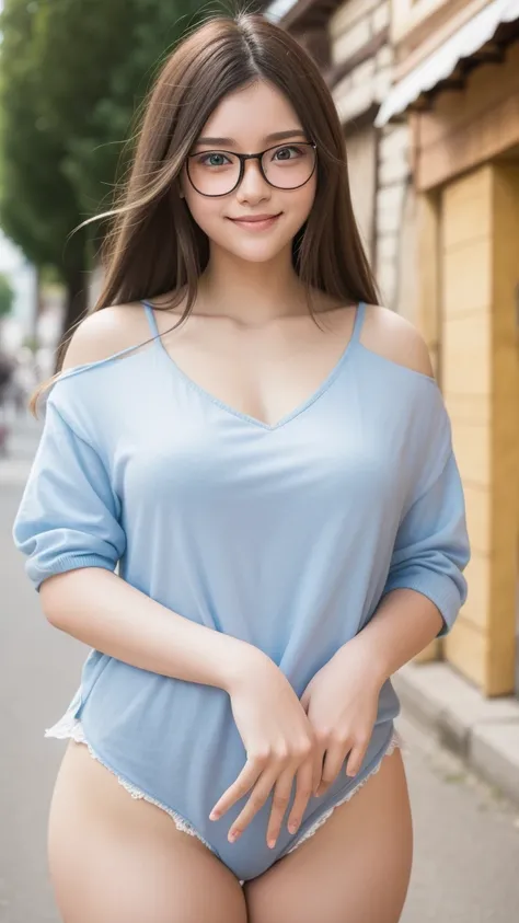 Wide shot. Strolling through a small town in France, Emily is French. He is a 17-year-old. She lives in a small town in France, has Long Straight hair mixed with brown and blonde:1.7, Blue Eyes, straight bangs, bespectacled beauty, Big Breasts size and bea...