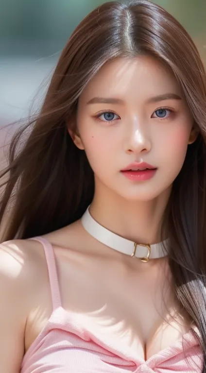 perfect figure beautiful woman：1.4，Layered Hair Style，Protruding cleavage，Pink two-dimensional clothing：1.5，Highly Detailed Face and Skin Textur，double eyelid，Whiten the skin，long whitr hair，playing water，Collar, pink blue eyes, bambi eyes