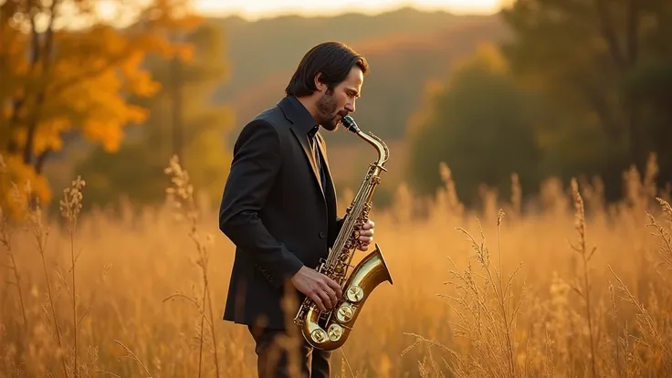 Keanu Reeves plays saxophone on a golden meadow in autumn, realistic, cinematic, 8k resolution
