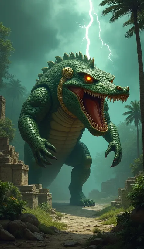 

"Um Cipactli,  the primal creature of Aztec folklore ,  appears in a mythical scene .  He is represented as a huge scaly crocodile ,  with monstrous features ,  like sharp teeth and glowing eyes that emanate an ominous glow .  The body is covered by gree...