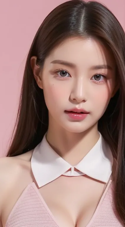 perfect figure beautiful woman：1.4，Layered Hair Style，Protruding cleavage，Pink two-dimensional clothing：1.5，Highly Detailed Face and Skin Textur，double eyelid，Whiten the skin，long whitr hair，playing water，Collar, pink lilac eyes, bambi eyes