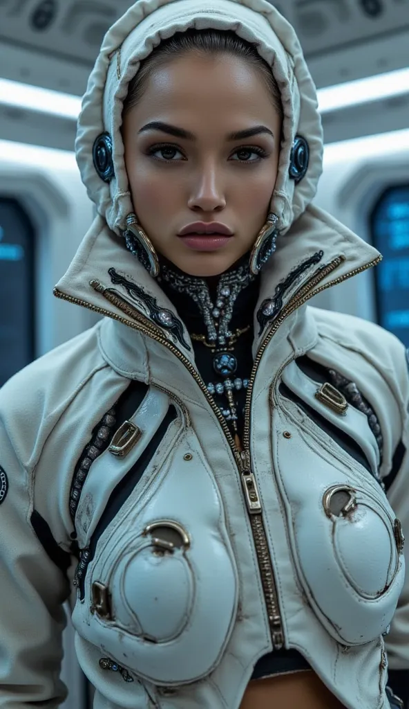 realistic cyborg female face concept in exoskeleton on spaceship background, shot on 35mm objective, 4k style, highest quality.