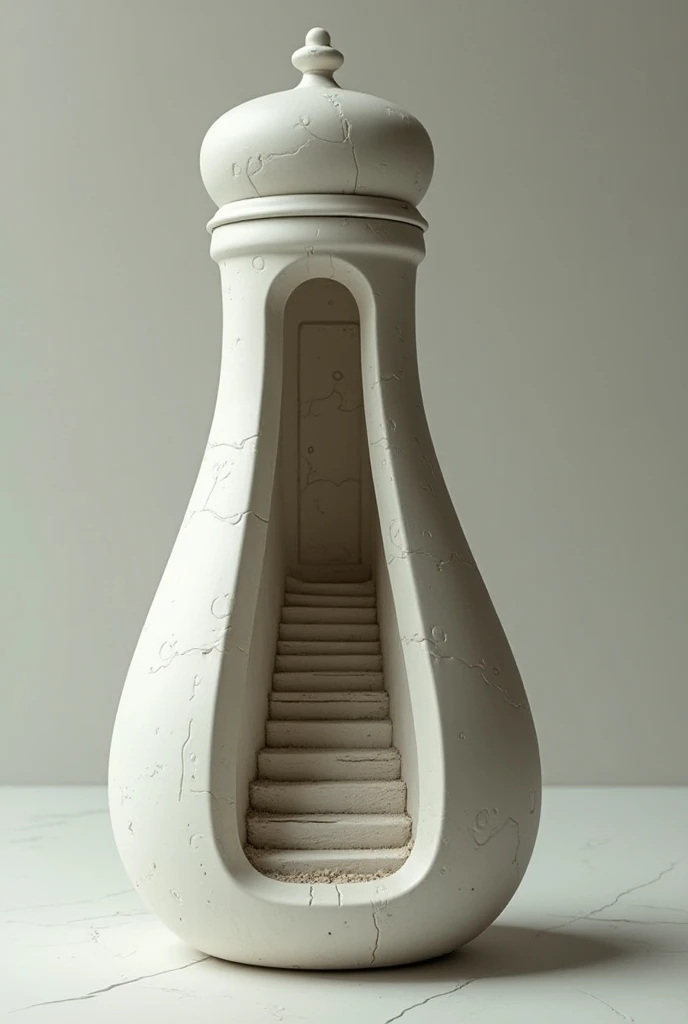 A salt shaker with a door and a long staircase